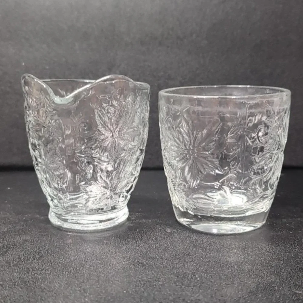Princess House Fantasia Open Sugar Bowl‎ & Creamer Set #5242, Etched Poinsettias